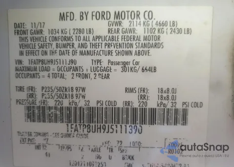 2018 Ford Mustang из США, поврежденный, VIN 1FATP8UH9J5111390